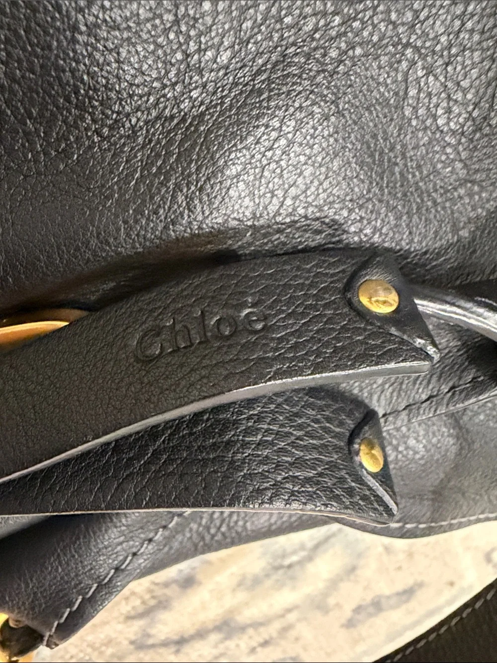 Chloe Black Pebbled Leather Shoulder Bag with Gold Hardware Accents